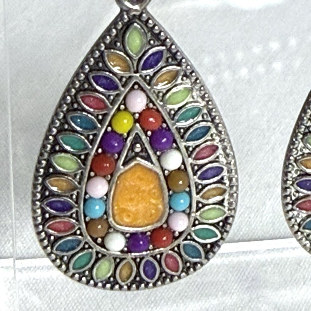 Vintage Mosaic Teardrop Dangle Earrings Multicolor Enamel - Picture 6 of 8